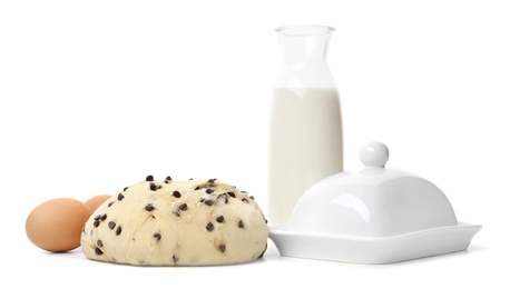 Photo of Composition with wheat dough and products on white background
