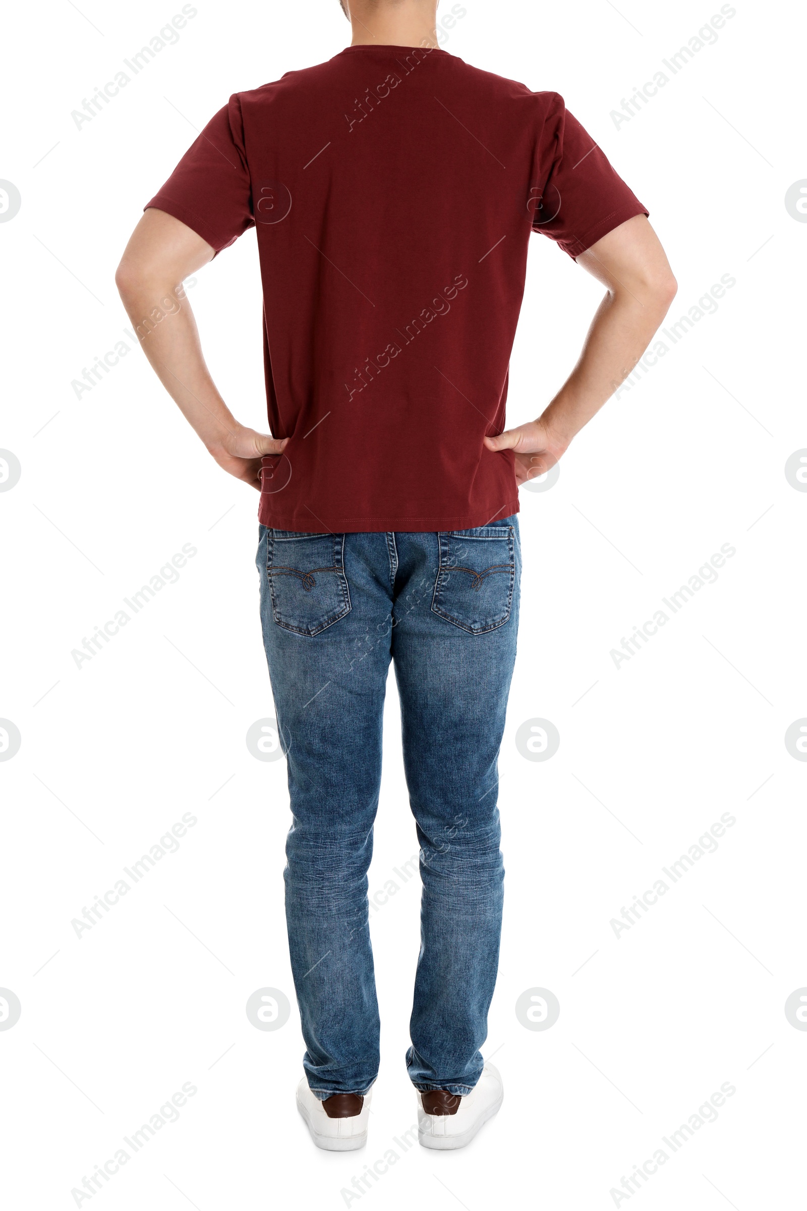 Photo of Young man on white background, closeup. Weight loss