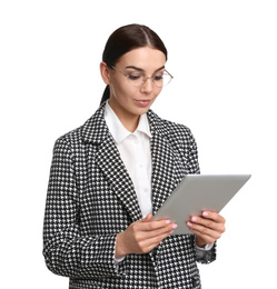 Young businesswoman with tablet on white background