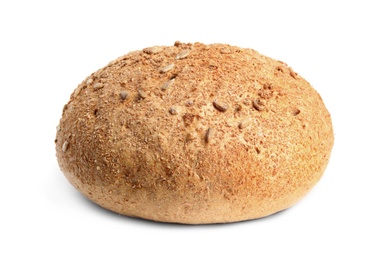 Photo of Loaf of fresh bread with sunflower seeds on white background