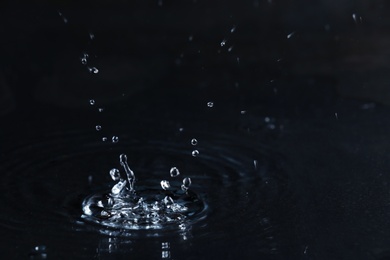 Photo of Rain drop falling down into puddle on dark background