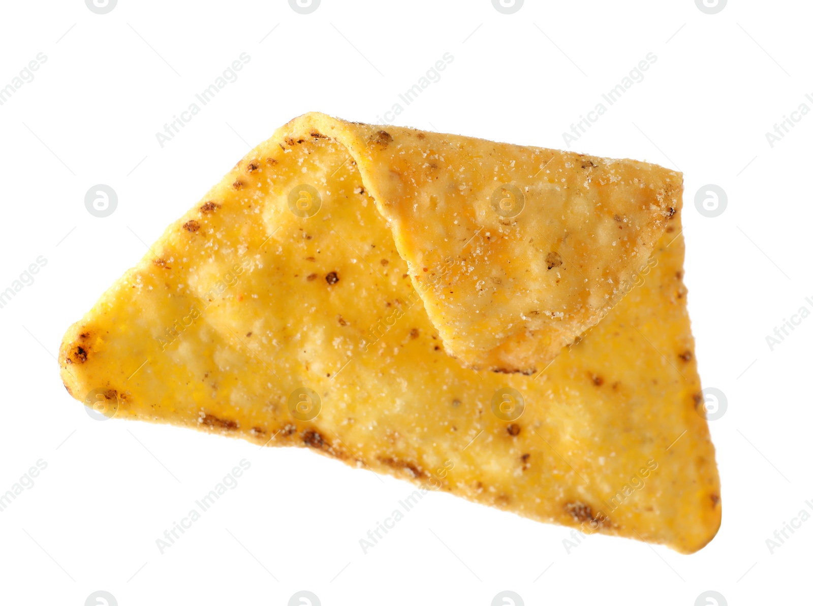 Photo of Tasty Mexican nacho chip on white background