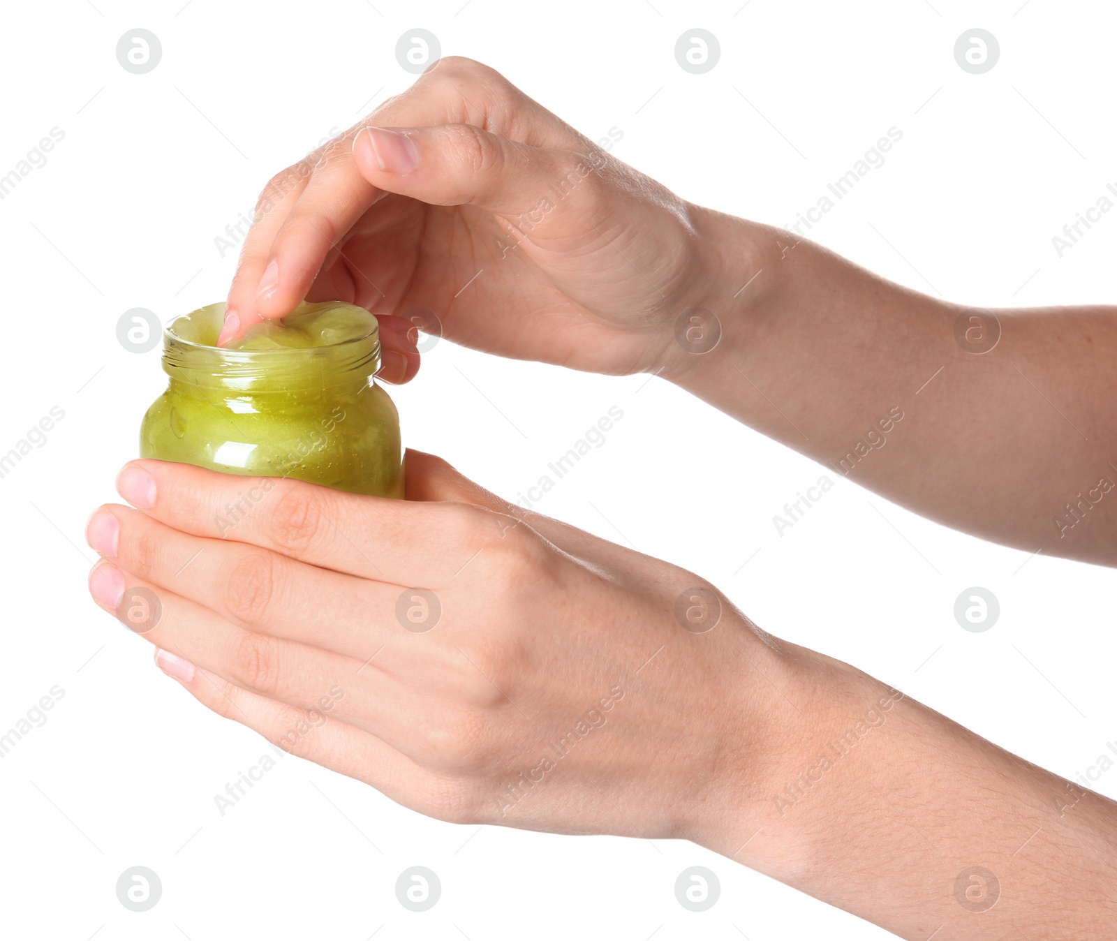 Photo of Woman with jar of hemp lotion on white background, closeup