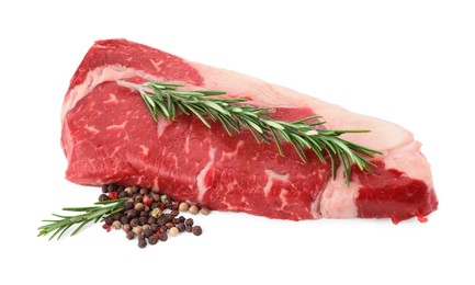 Photo of Piece of raw beef meat, rosemary and spices isolated on white