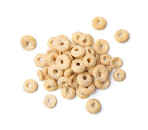 Photo of Tasty sweet cereal rings isolated on white, top view