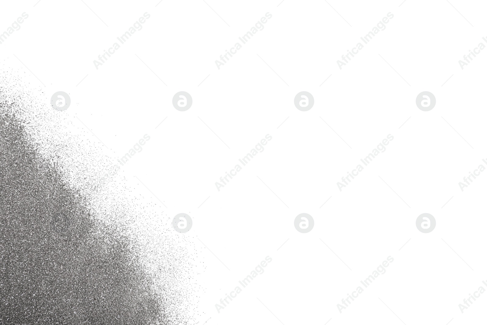 Photo of Shiny silver glitter on white background, top view