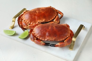 Photo of Delicious boiled crabs and lime on white table