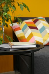 Books on black table near sofa in living room