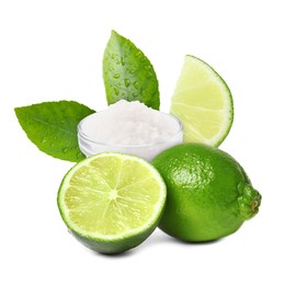 Image of Limes and salt isolated on white. Margarita cocktail ingredients