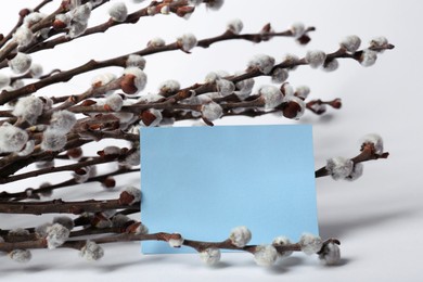Photo of Beautiful blooming willow branches and blank paper card on white background. Space for text