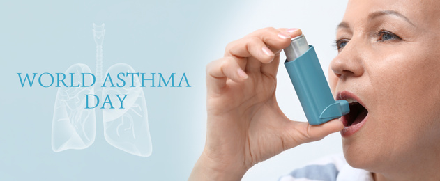 World asthma day. Woman using inhaler on light background, banner design