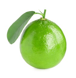 Photo of Fresh green ripe lime with leaf isolated on white