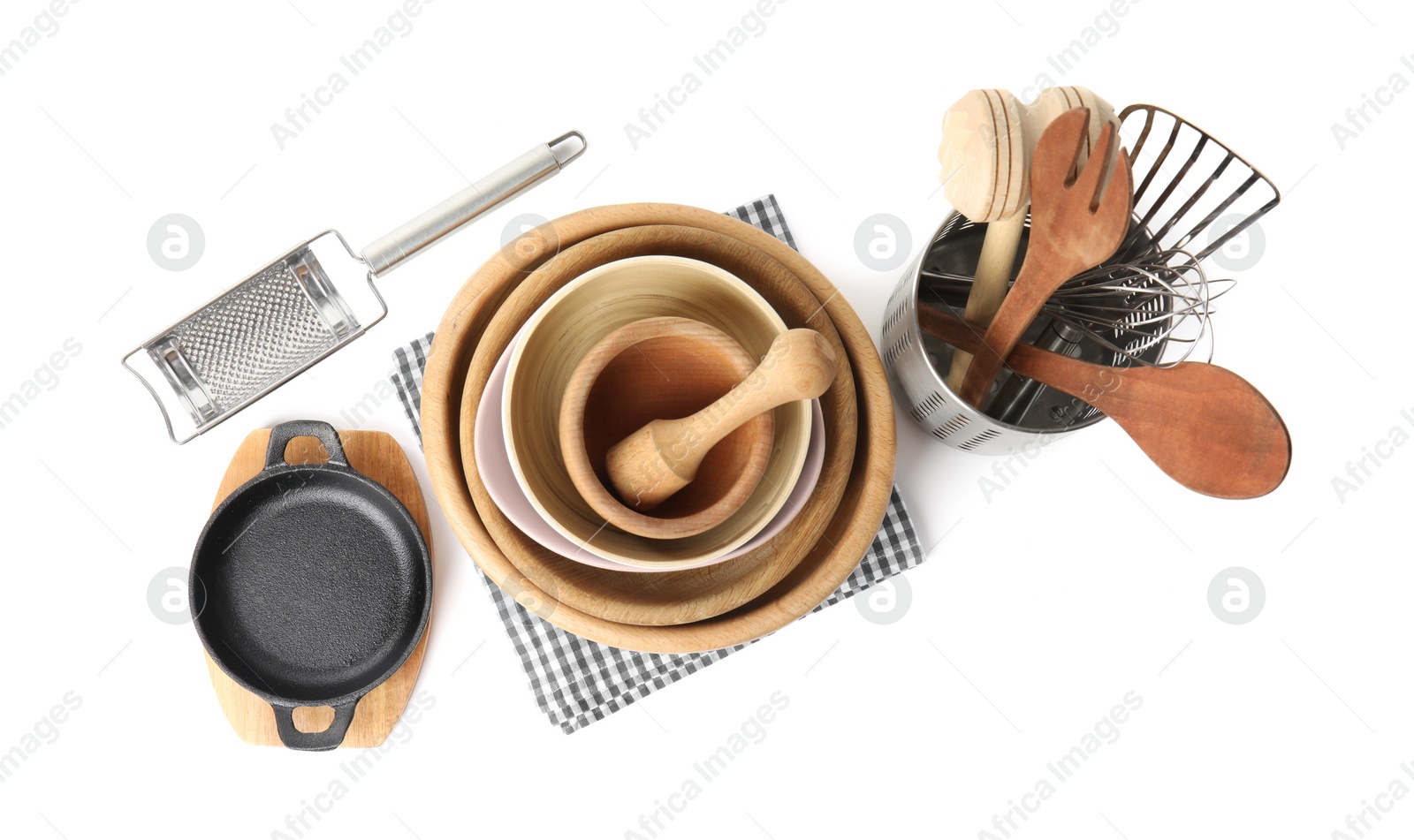 Photo of Set of different cooking utensils and dishes on white background, top view