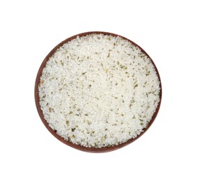 Photo of Natural herb salt in wooden bowl isolated on white, top view
