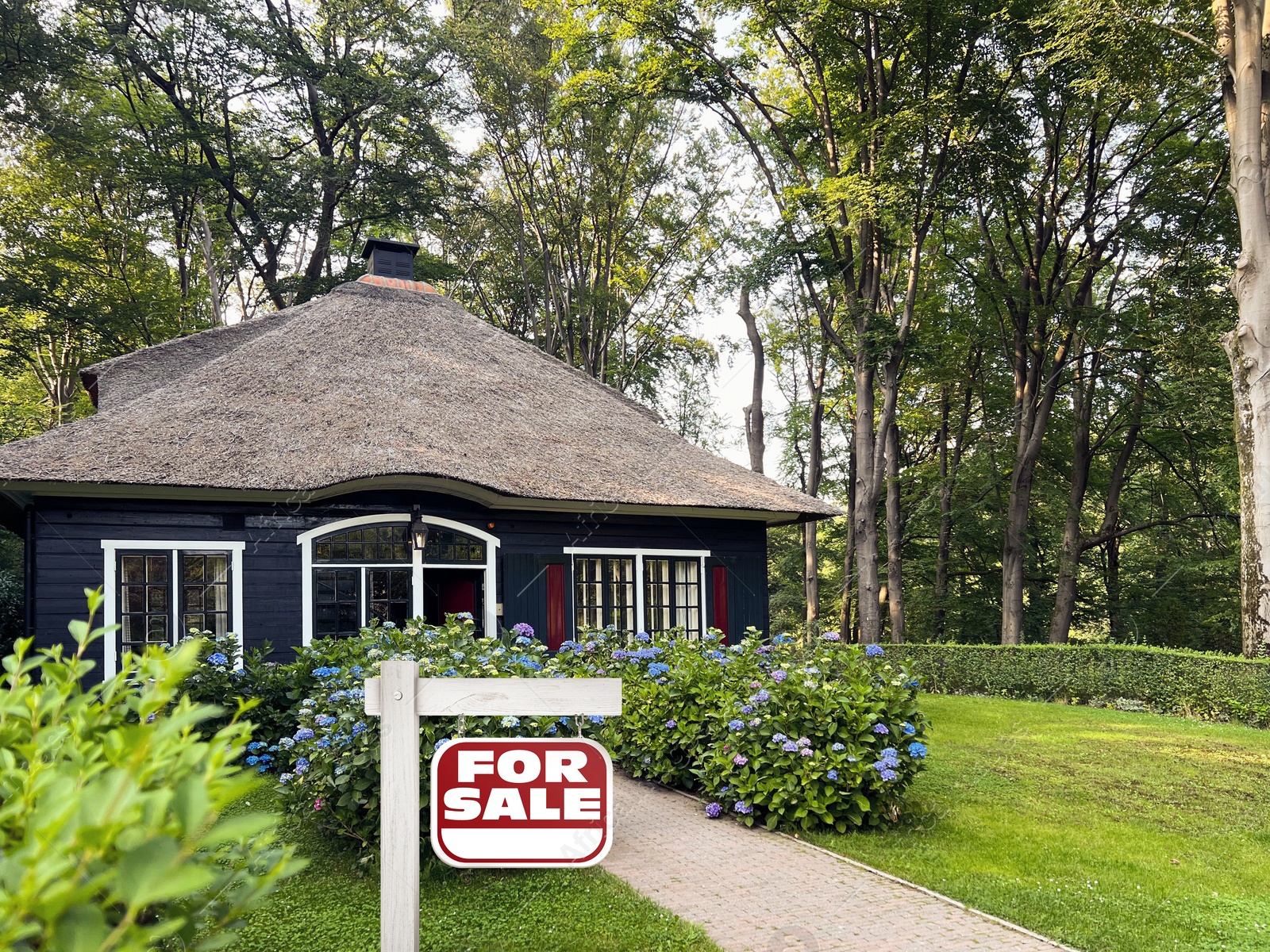 Image of Red sign with words For Sale near beautiful house outdoors