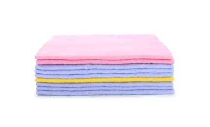 Photo of Stack of cleaning rags isolated on white