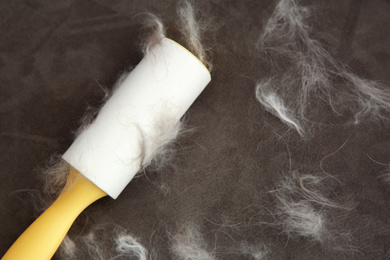 Modern lint roller and cat hair on brown fabric, closeup