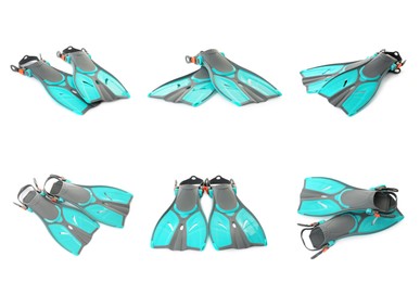 Image of Set with turquoise flippers on white background 