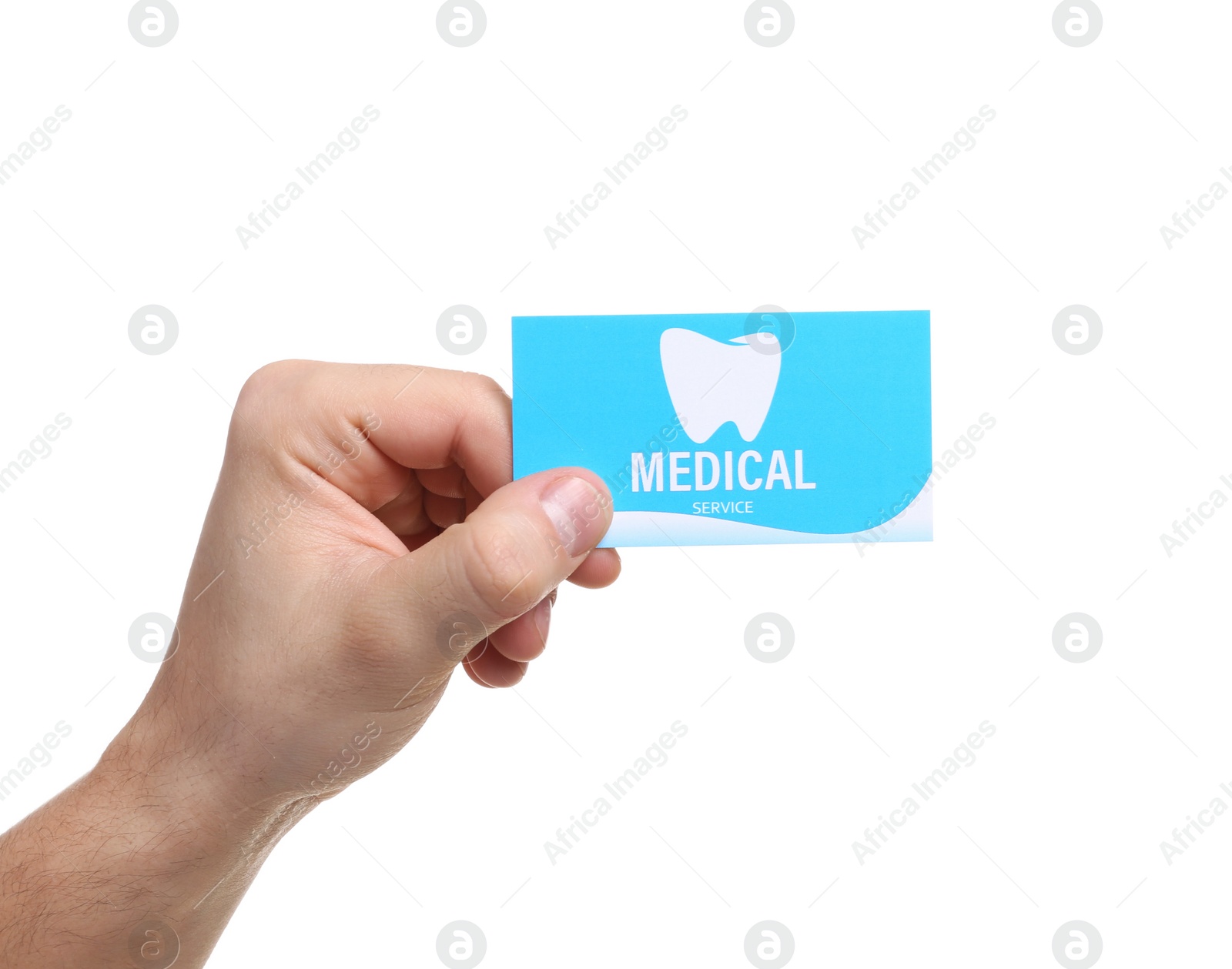 Photo of Man holding business card isolated on white, closeup. Dental medical service