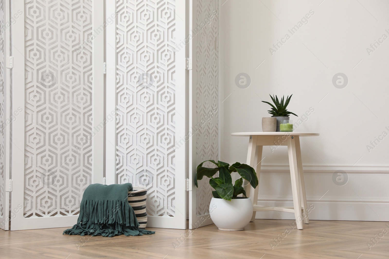 Photo of Folding screen and small table with houseplants near white wall in room. Interior design