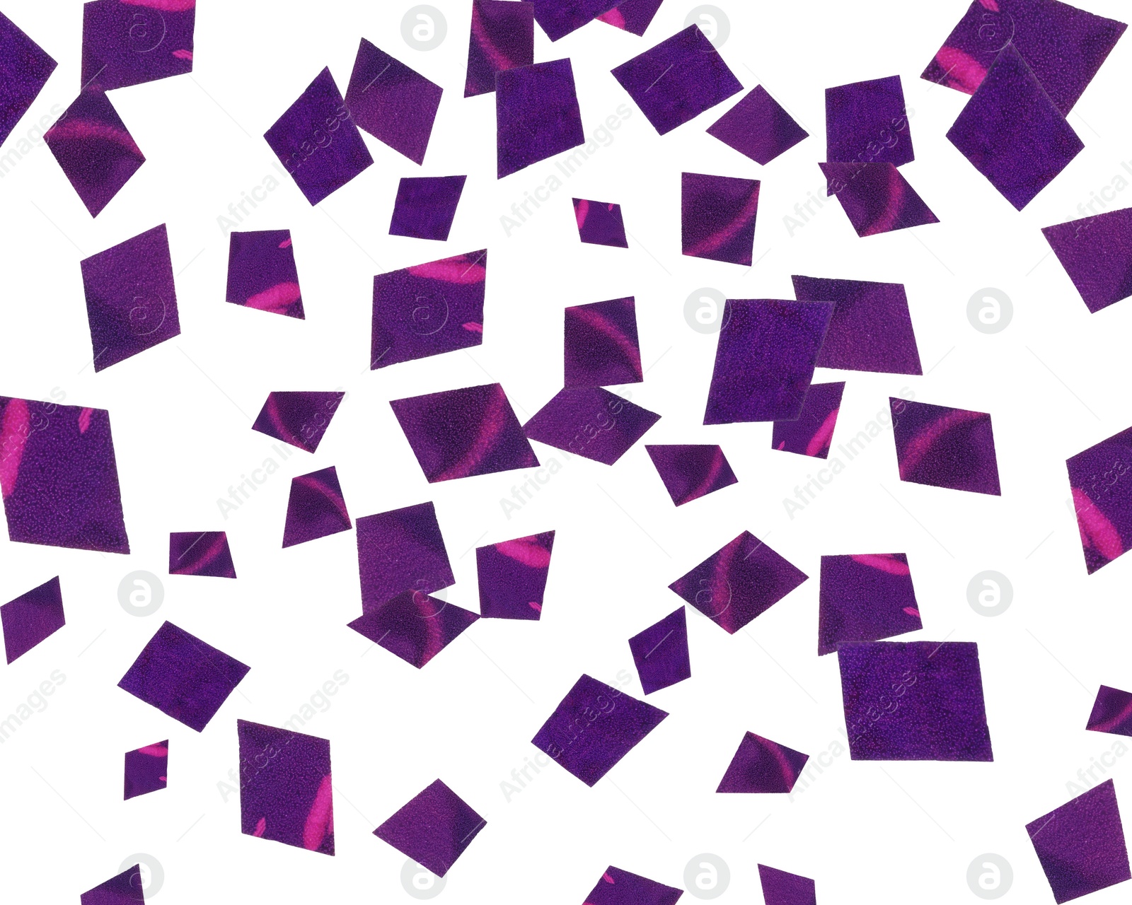 Image of Shiny purple confetti falling on white background