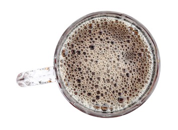 Full mug of beer isolated on white, top view