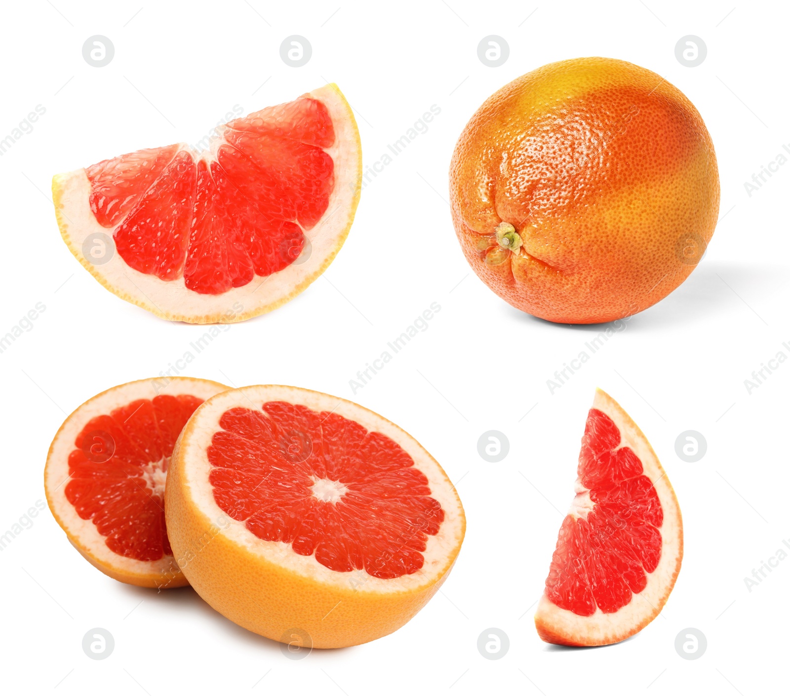 Image of Set with whole and cut ripe juicy grapefruits on white background