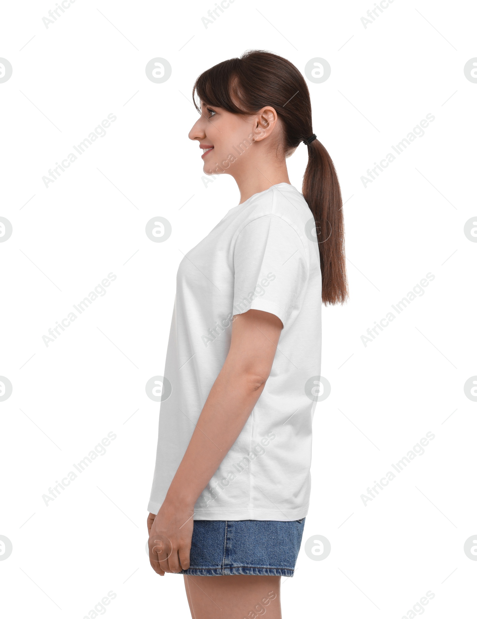 Photo of Smiling woman in stylish t-shirt on white background