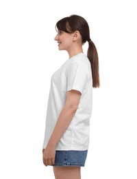 Smiling woman in stylish t-shirt on white background