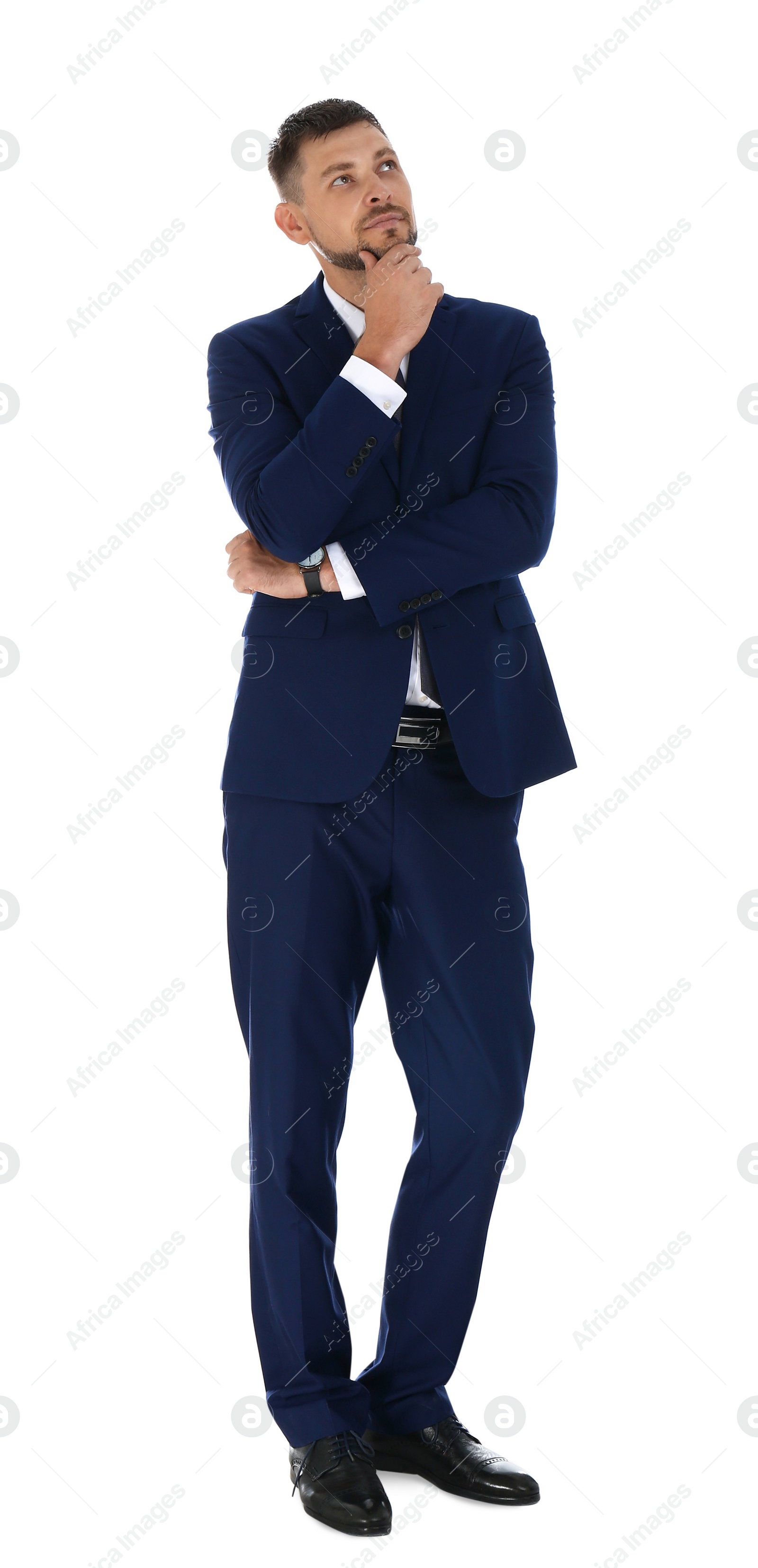 Photo of Professional business trainer posing on white background