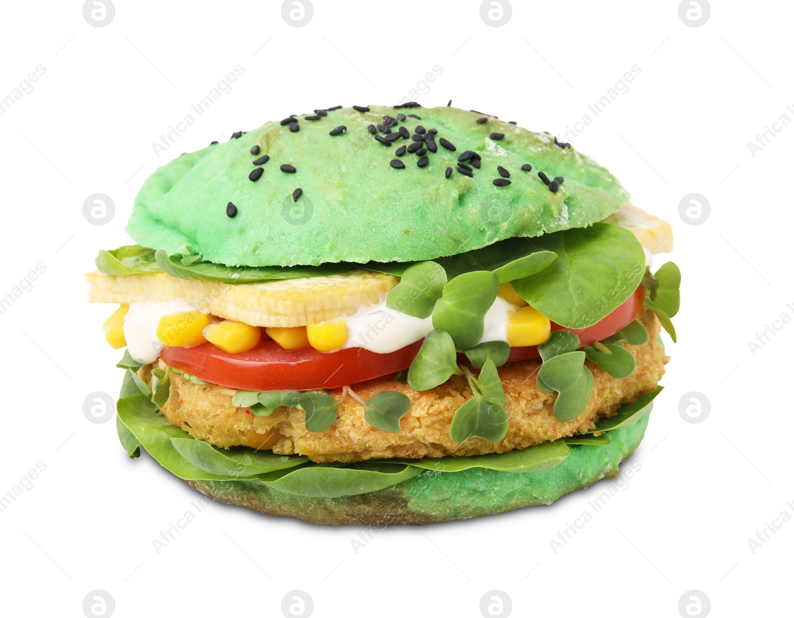 Photo of Tasty green vegan burger with vegetables, patty and microgreens isolated on white