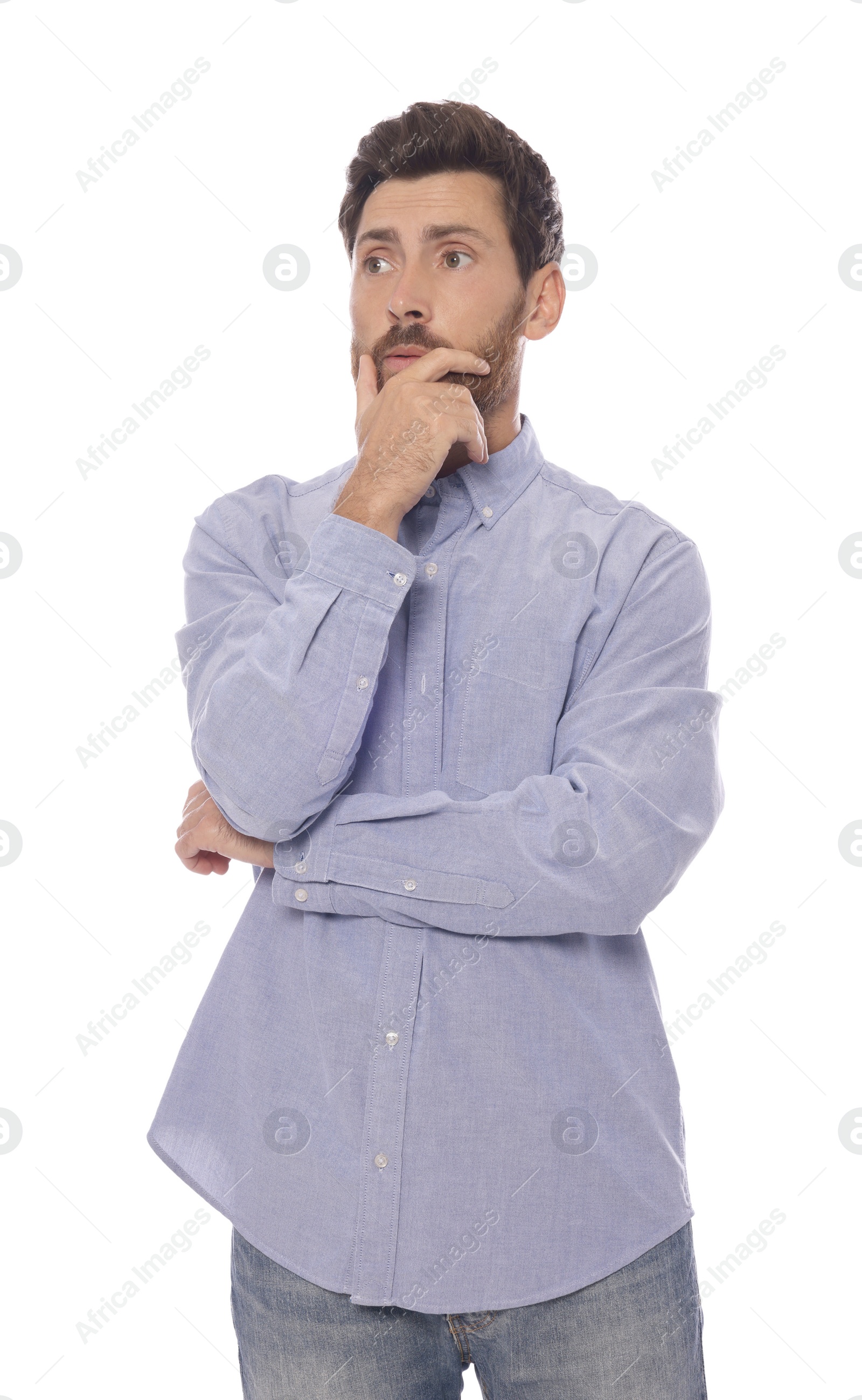 Photo of Pensive man in shirt on white background