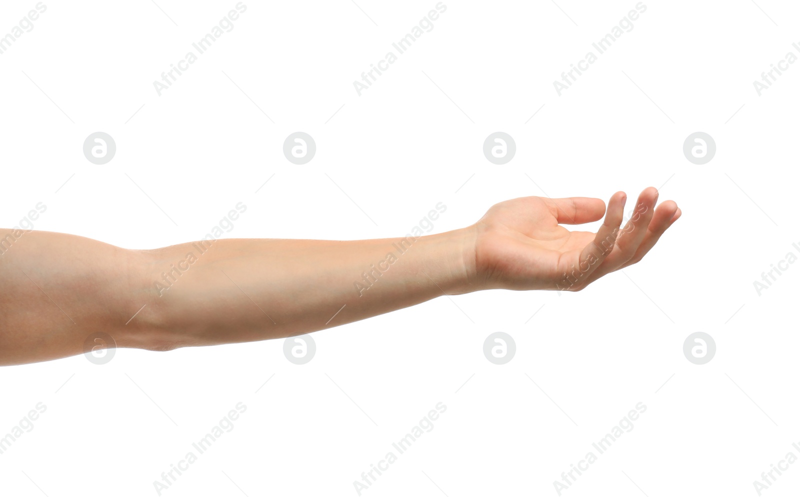 Photo of Young man held out hand on white background, closeup