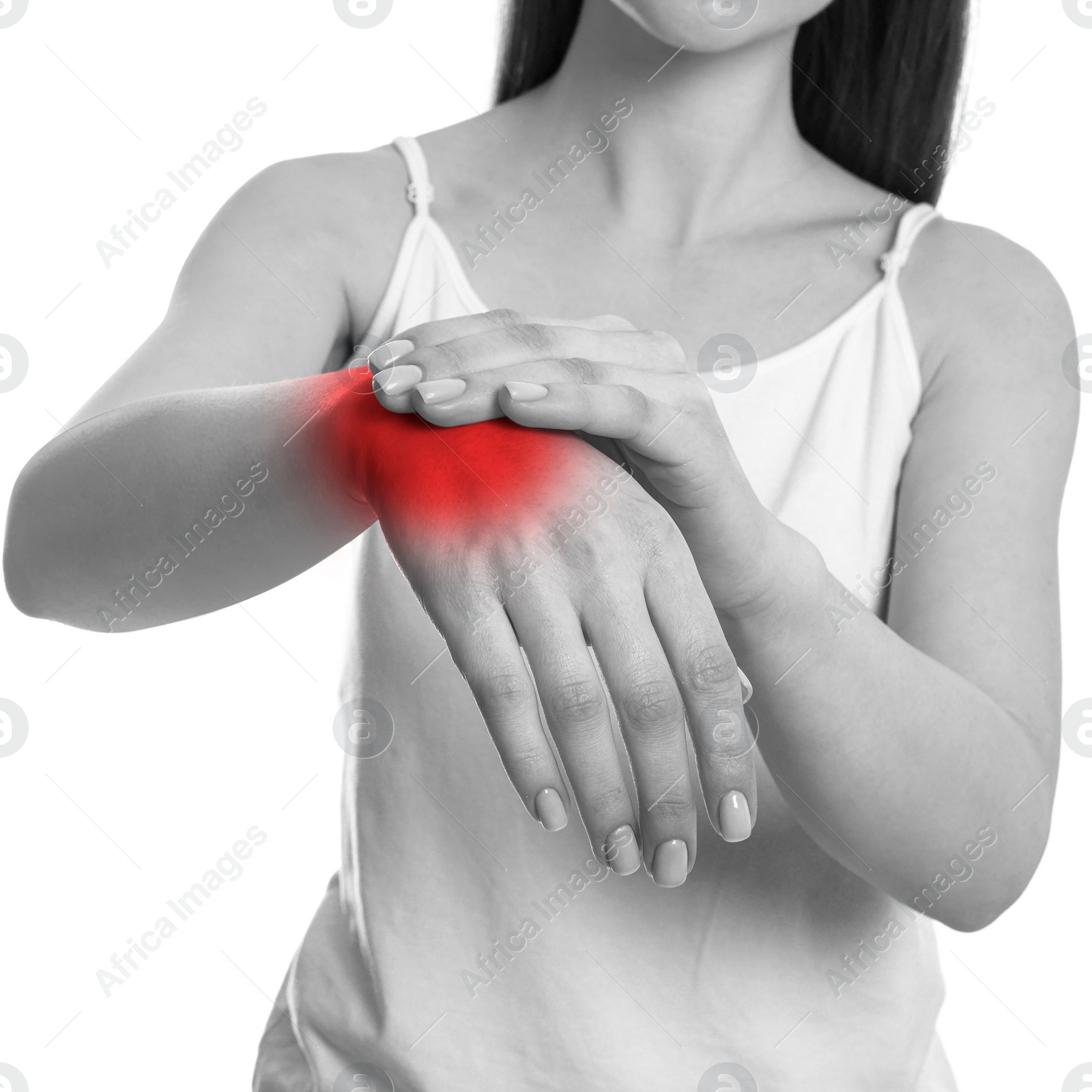 Image of Woman suffering from rheumatism on white background, closeup. Black and white effect with red accent in painful area
