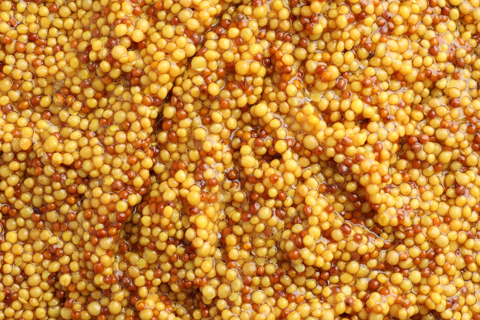 Photo of Whole grain mustard as background, top view