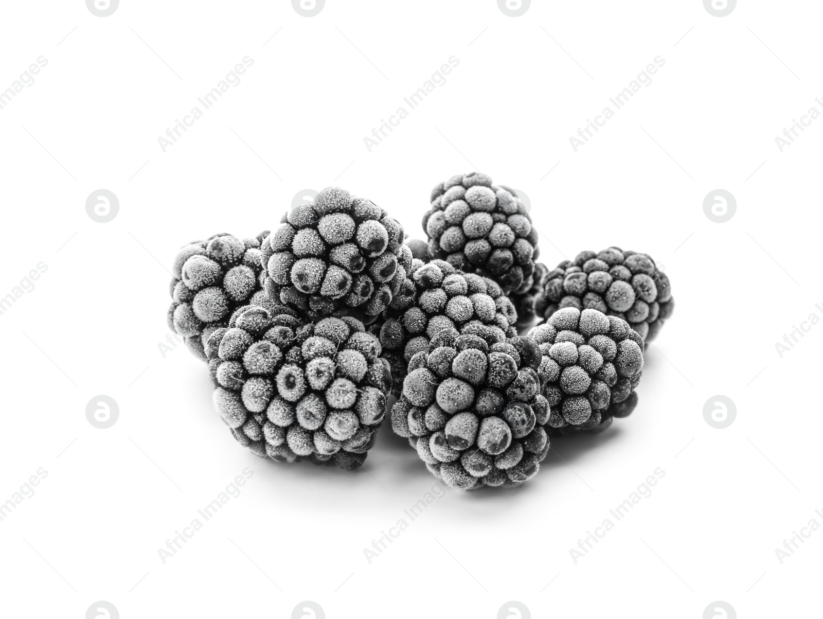 Photo of Heap of tasty frozen blackberries on white background