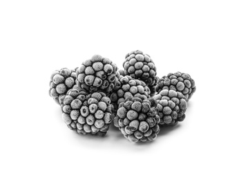 Heap of tasty frozen blackberries on white background