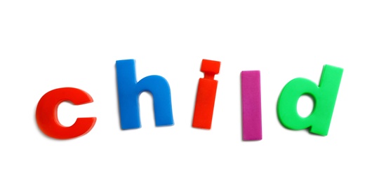 Word CHILD of magnetic letters on white background, top view