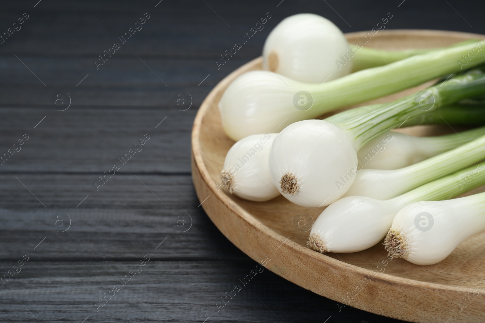 Photo of Tray with green spring onions on black wooden table, closeup. Space for text
