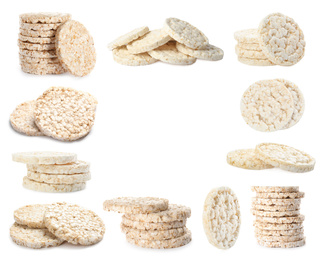 Image of Frame of puffed corn cakes on white background