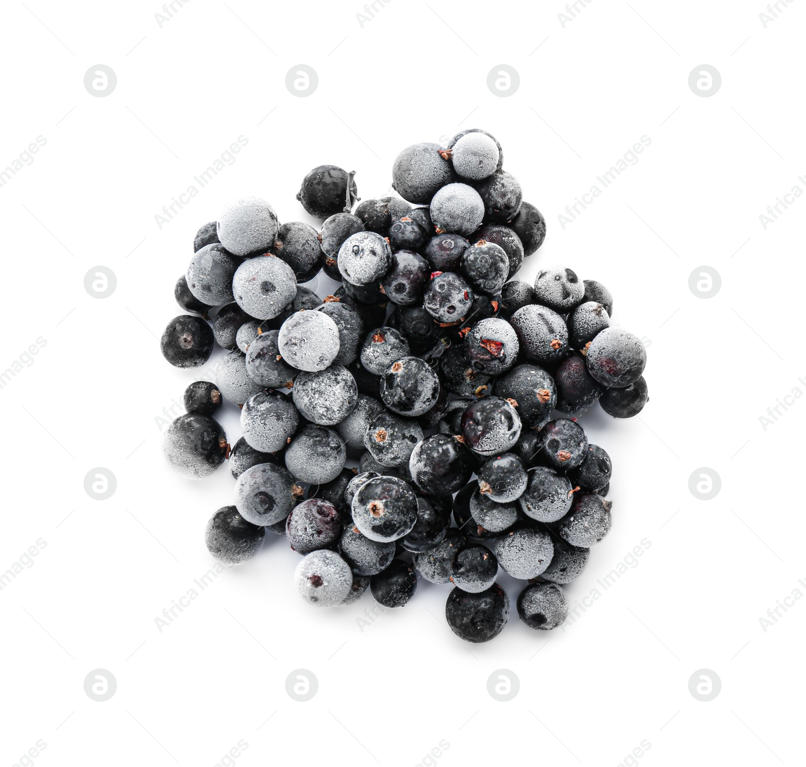 Photo of Heap of tasty frozen black currants on white background, top view