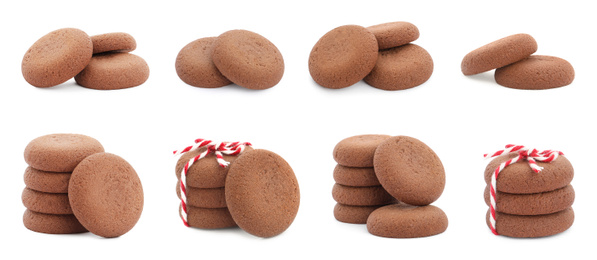 Set of delicious chocolate cookies on white background. Banner design 
