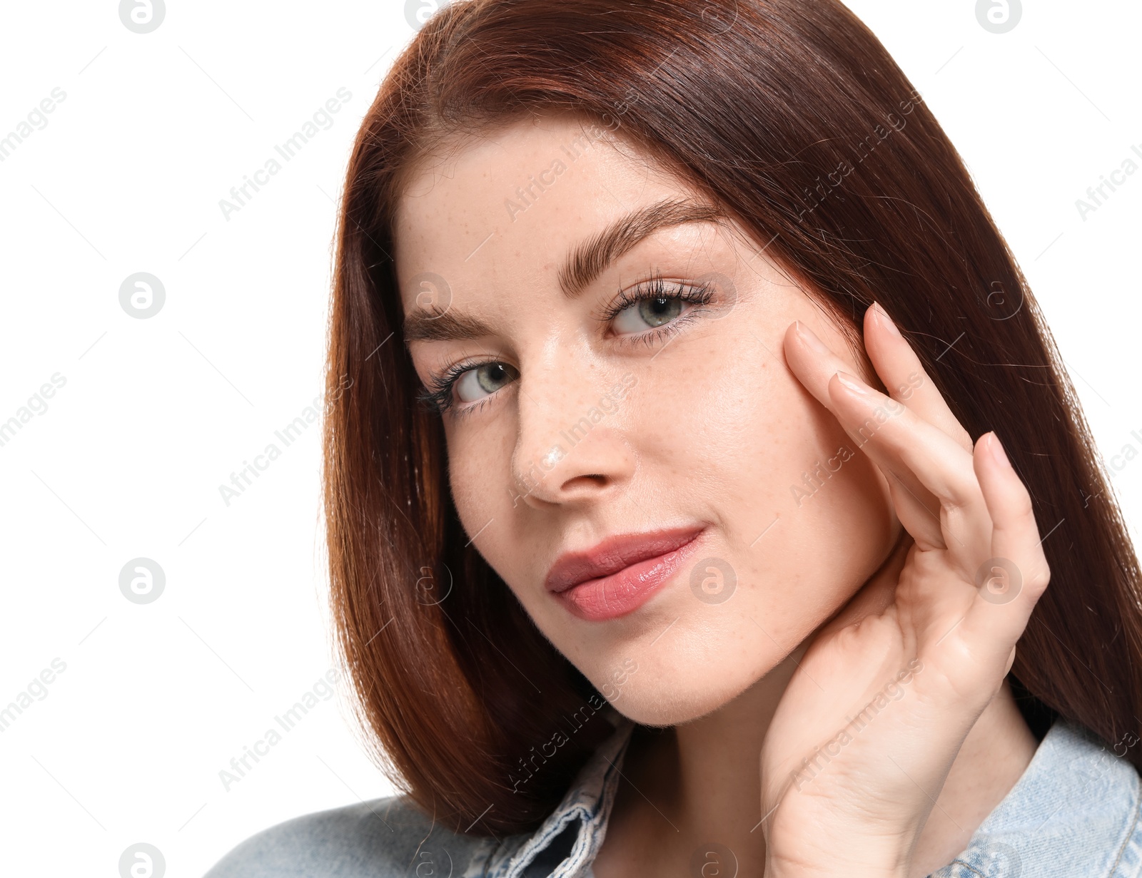 Photo of Portrait of beautiful woman with freckles on white background