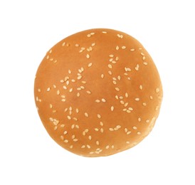 Photo of One fresh hamburger bun isolated on white, top view