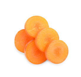 Photo of Slices of fresh ripe carrot isolated on white, top view