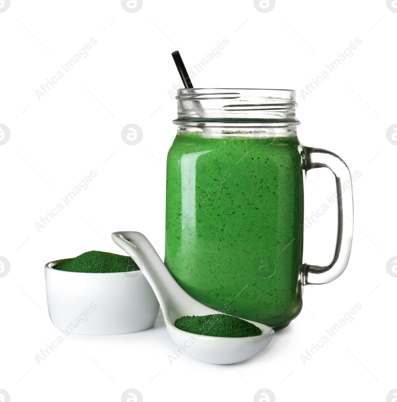 Photo of Spirulina drink and powder on white background