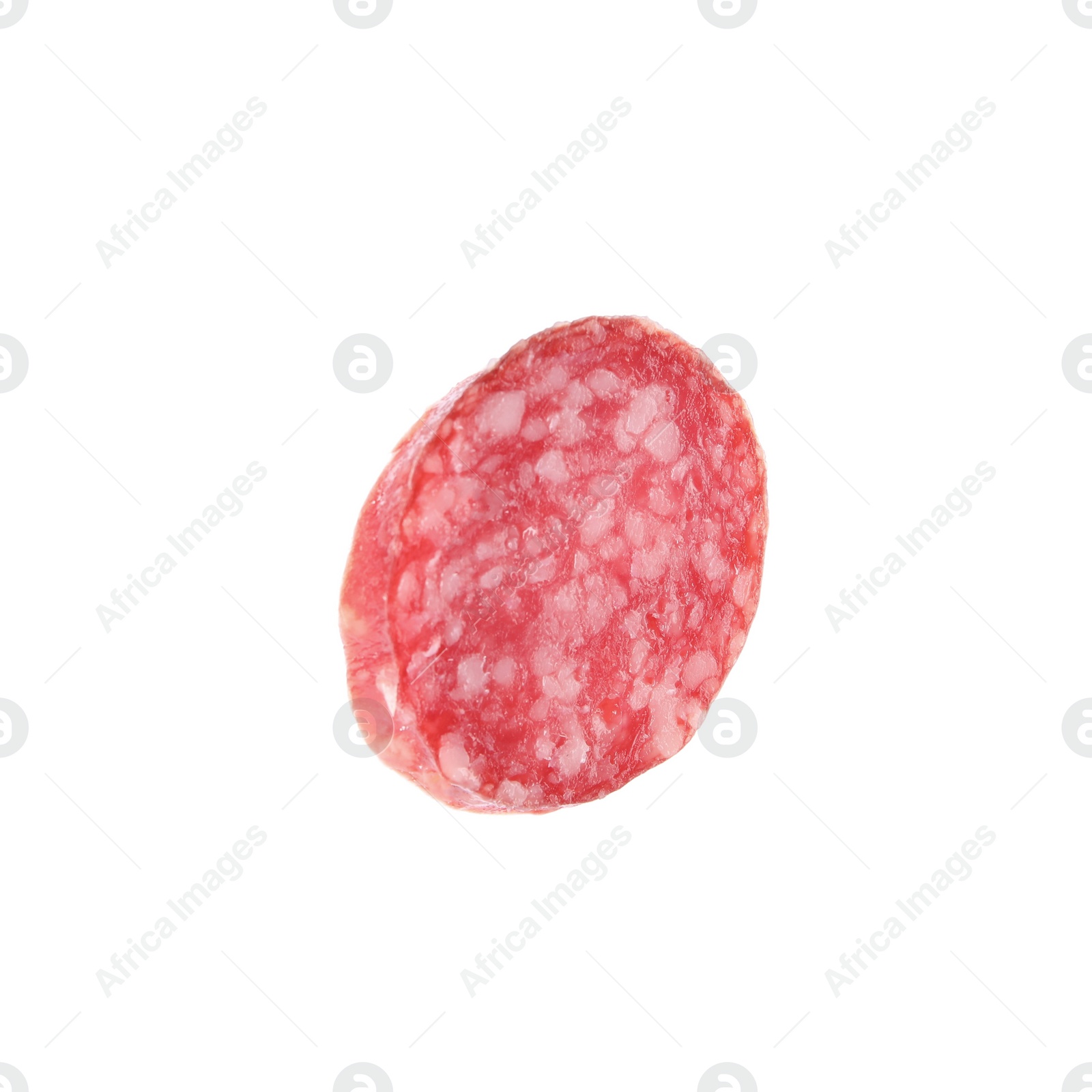 Photo of Slice of delicious smoked sausage isolated on white