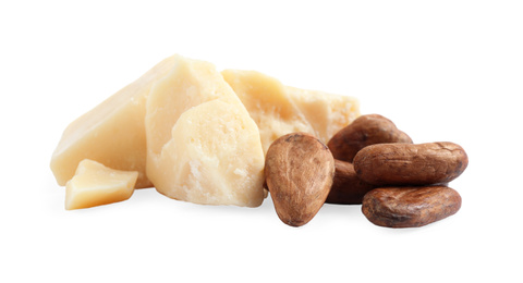 Organic cocoa butter and beans isolated on white