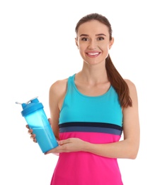 Photo of Athletic young woman with protein shake on white background