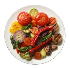 Photo of Different delicious grilled vegetables on white background, top view